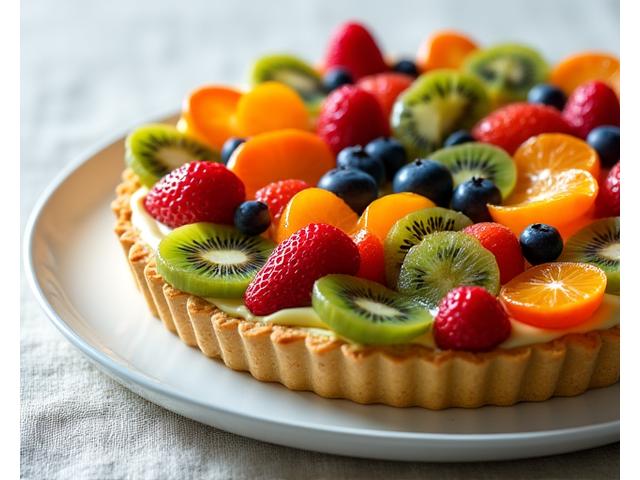 Vibrant fruit tart filled with custard and topped with seasonal fresh fruits